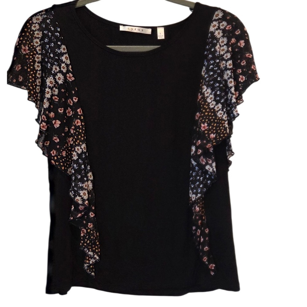 Cyrus Black Boho Floral Ruffle Sleeve Tunic Blouse Work Top Women's Size Large